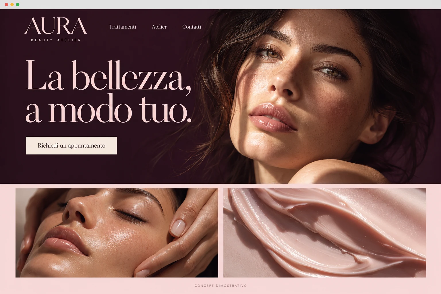 Concept dimostrativo Aura Beauty Atelier: Trattamenti, presentazione del centro e richiesta appuntamento.