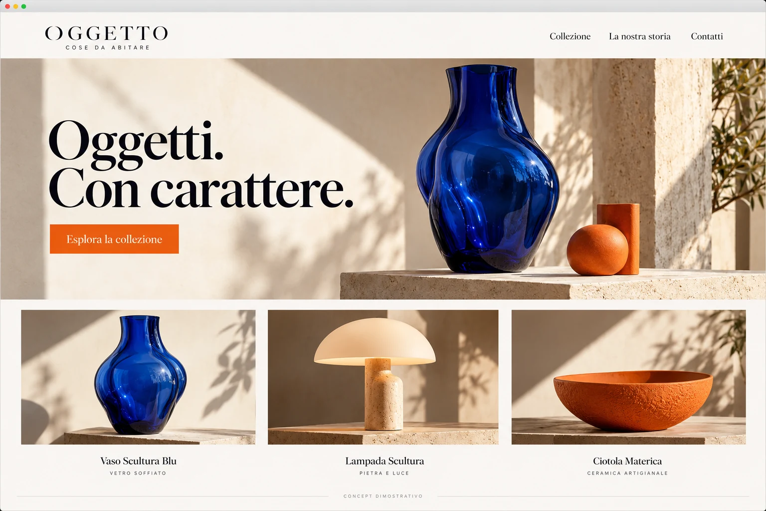 Concept dimostrativo Oggetto: Collezioni, schede prodotto e percorso di acquisto su misura.