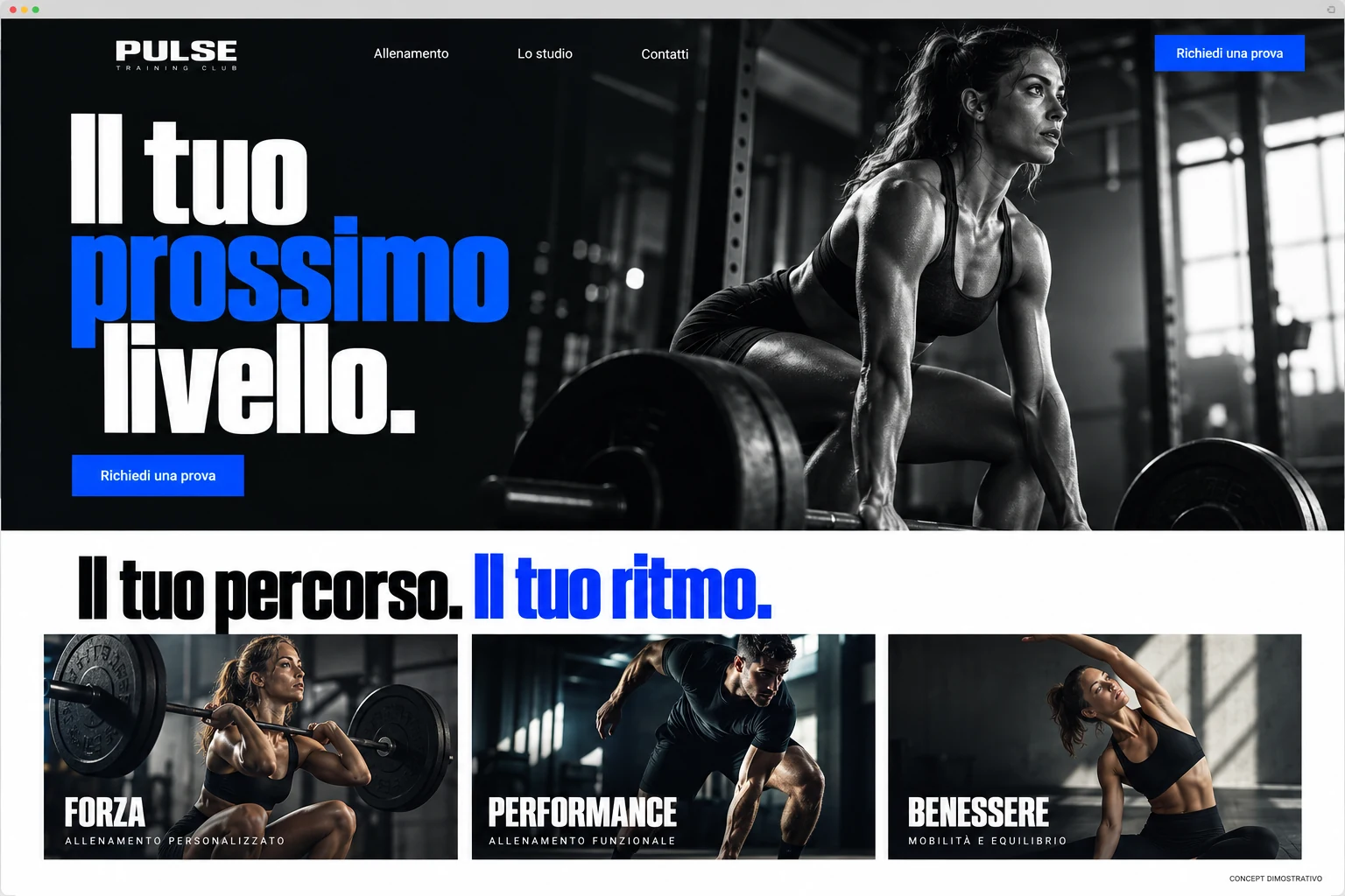 Concept dimostrativo Pulse Training Club: Percorsi di allenamento, studio e richiesta prova.