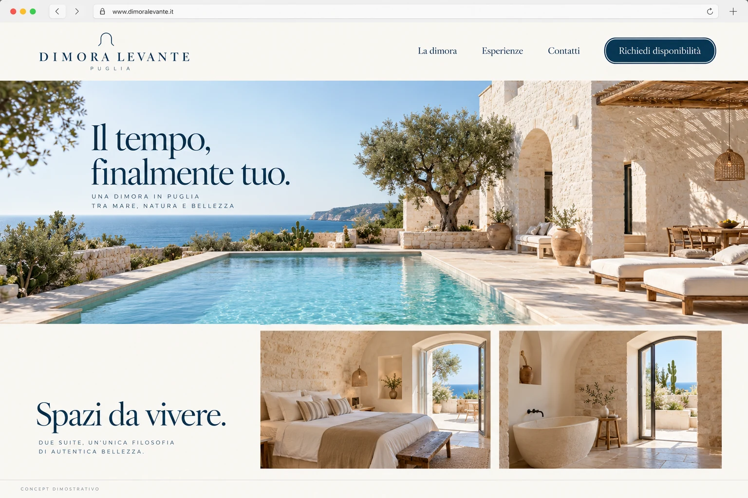 Concept dimostrativo Dimora Levante: Camere, galleria, territorio e richiesta disponibilità.