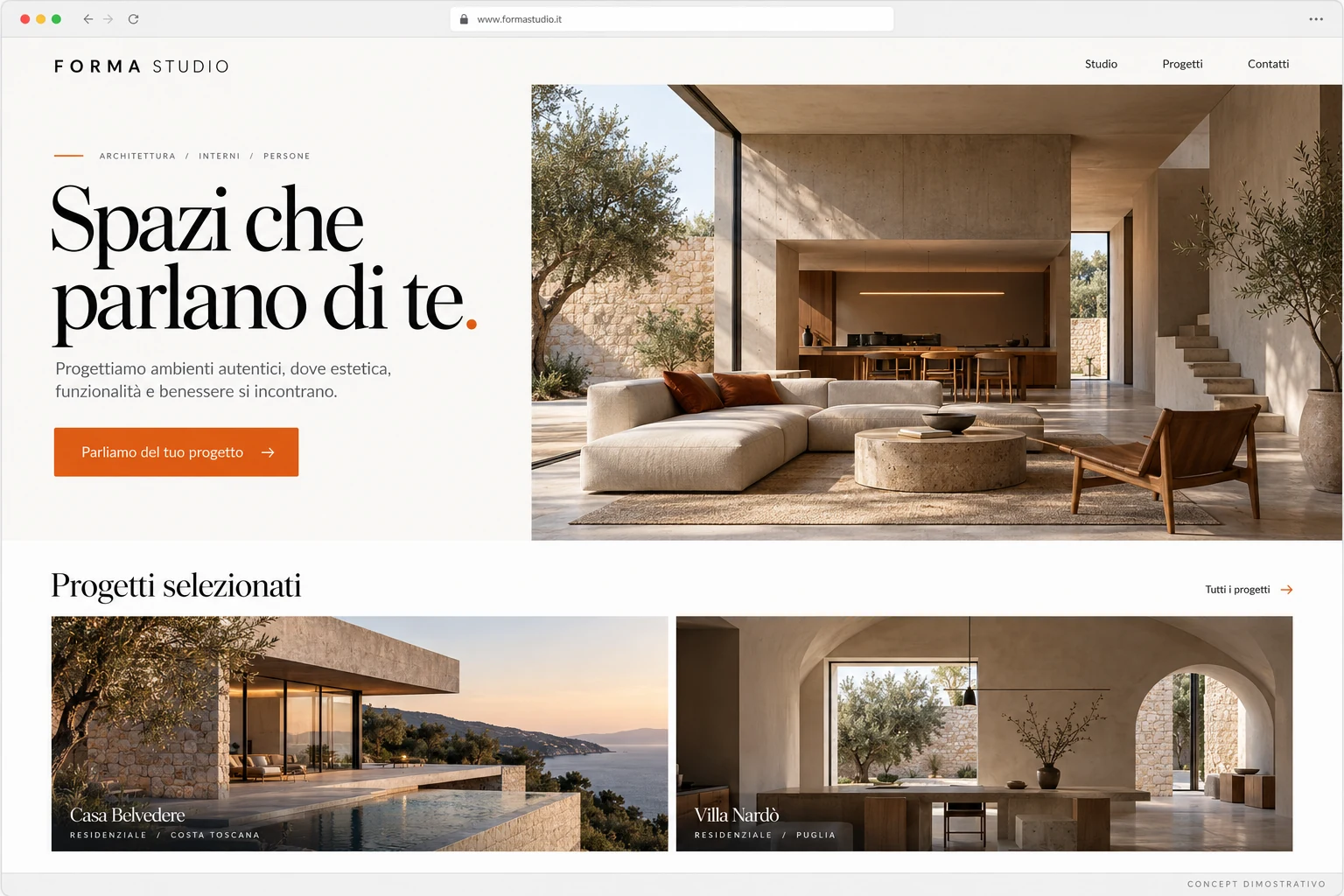 Concept dimostrativo Forma Studio: Presentazione dello studio, servizi e portfolio.
