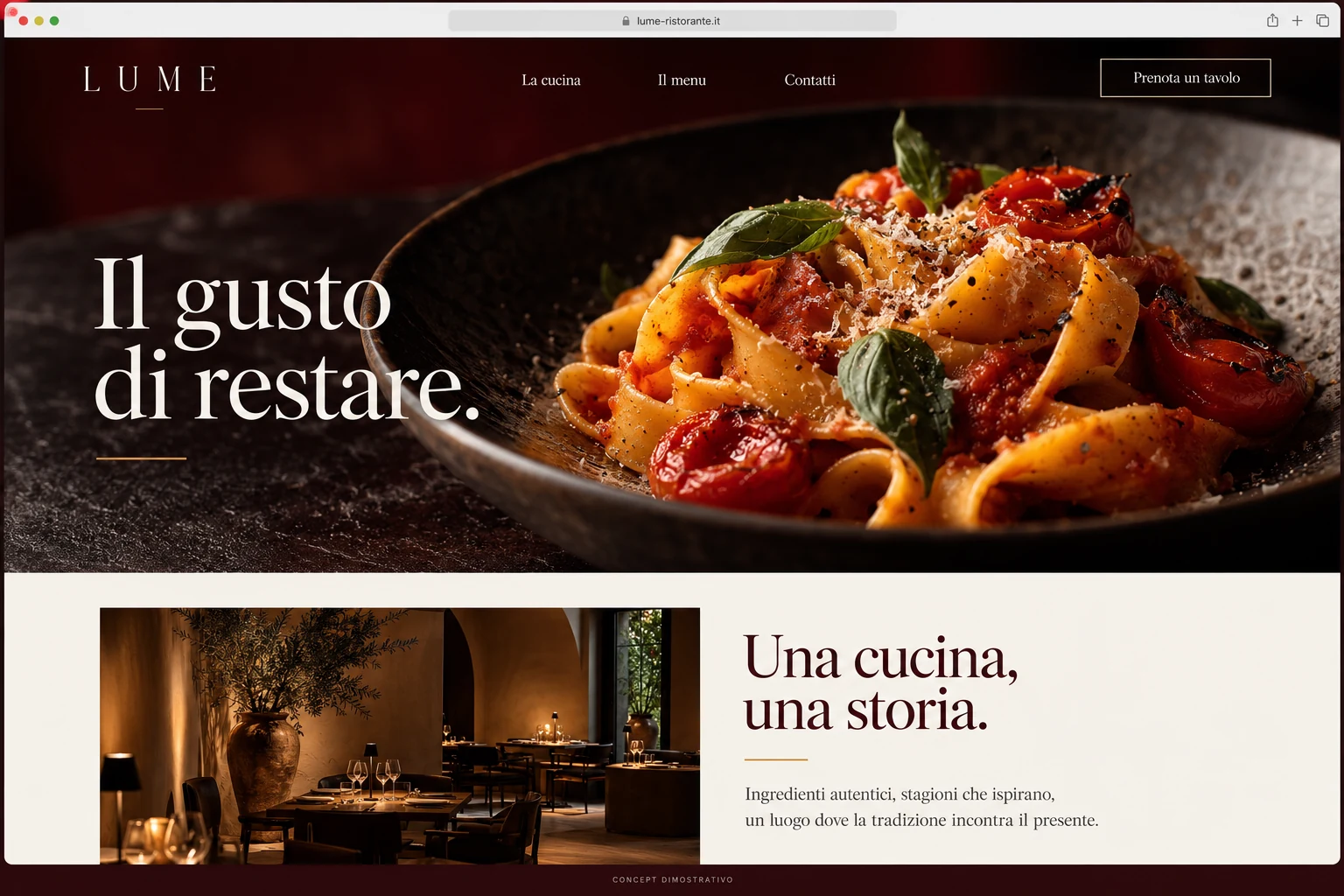 Concept dimostrativo Lume: Menu, racconto del locale e richiesta tavolo.