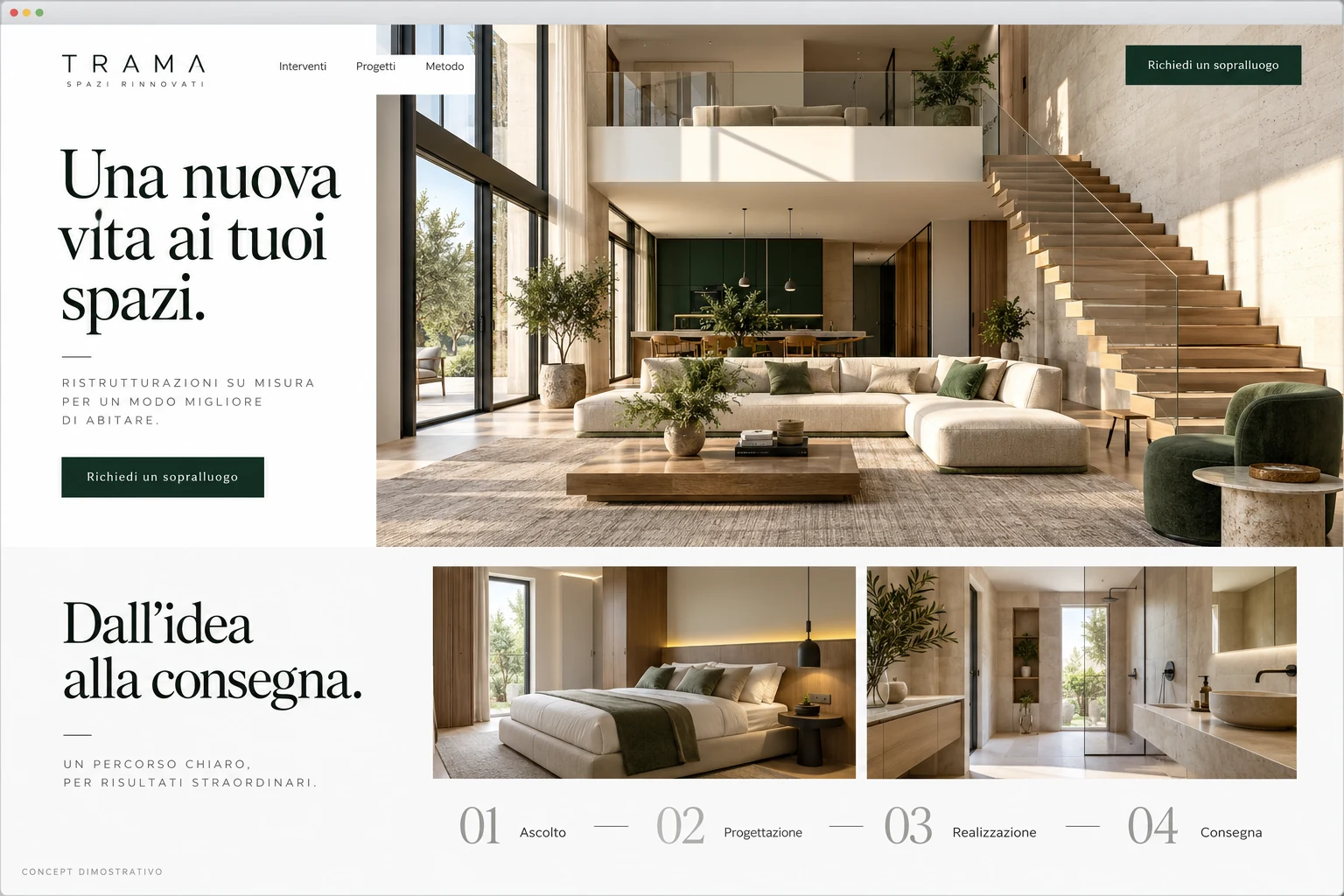 Concept dimostrativo Trama Spazi Rinnovati: Servizi, galleria interventi e richiesta sopralluogo.