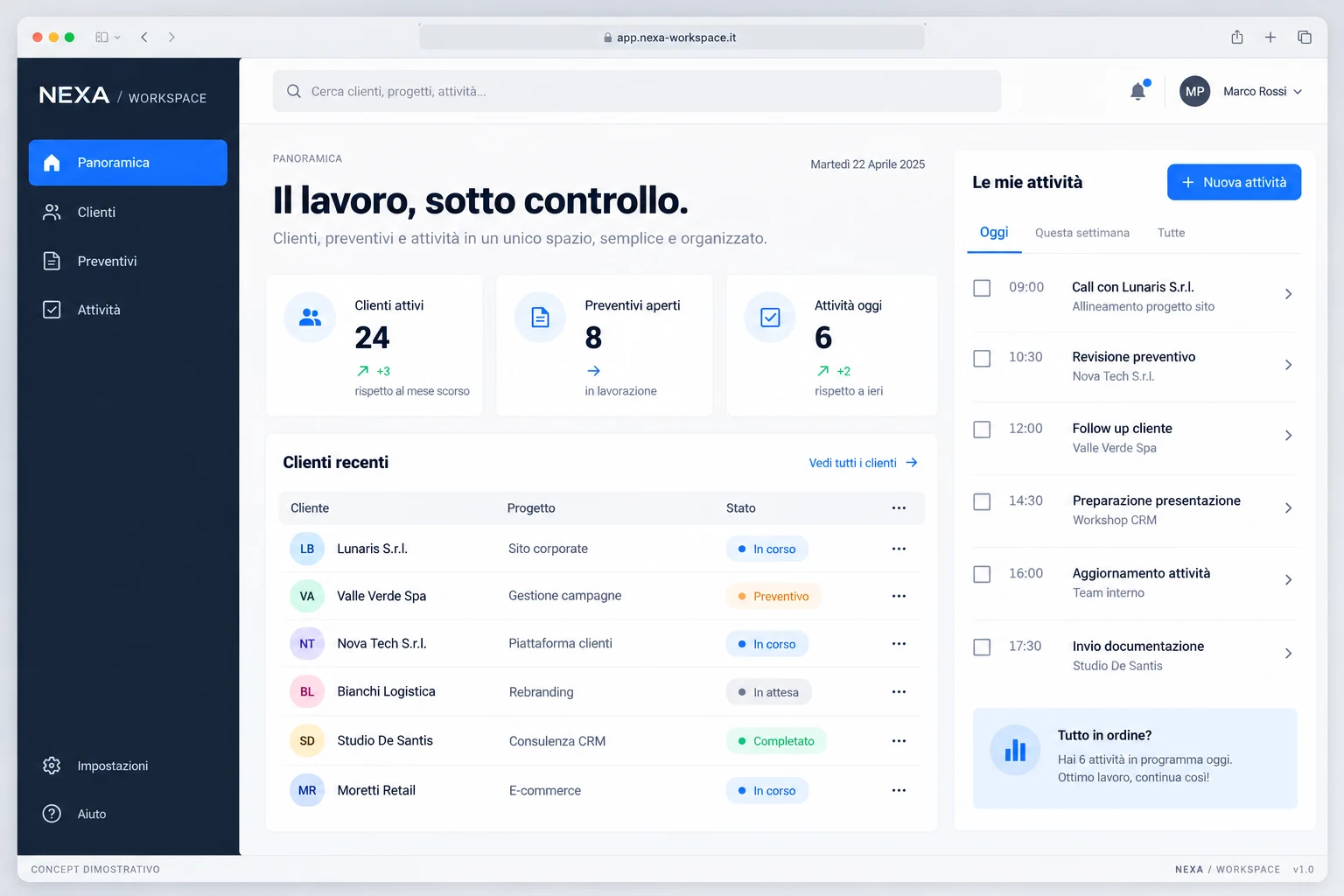 Concept dimostrativo Nexa Workspace: Clienti, preventivi e attività in una dashboard.